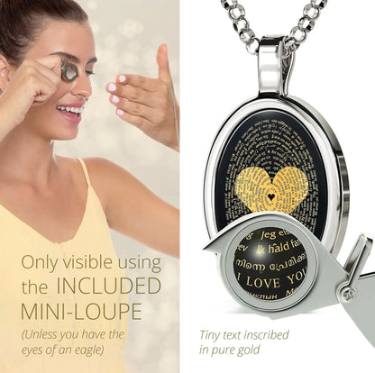 I Love You Necklace Onyx Pendant 24k Gold Inscribed in 120 Languages