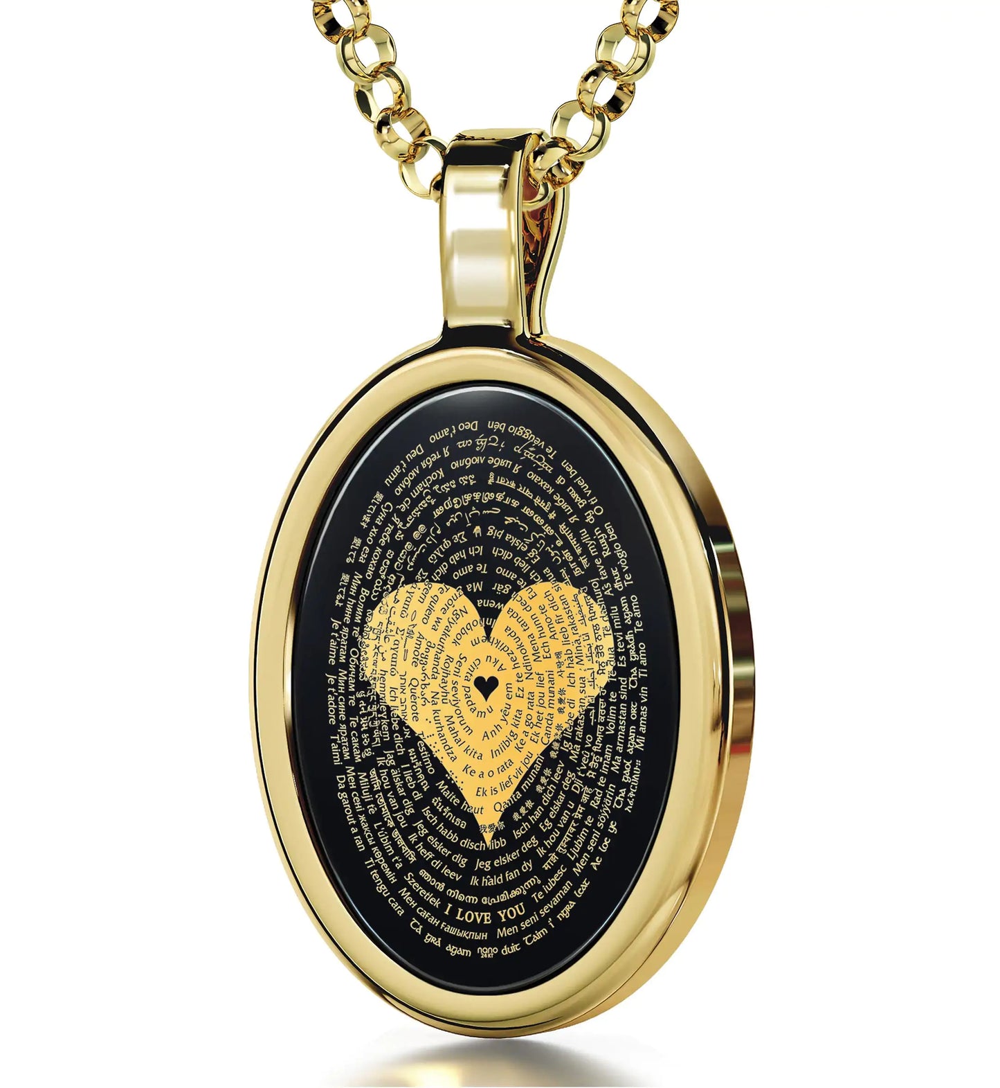 I Love You Necklace Onyx Pendant 24k Gold Inscribed in 120 Languages