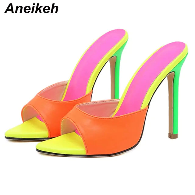 Aneikeh 2023 Orange Sandals Mules High Heels